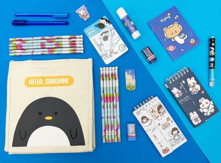 ست آبی رنگ لوازم التحریر دبیرستانی, دفتر, ماشین حساب, دفترچه, خط کش, قیچی,پاکن و تراش