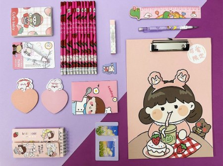 ست لوازم التحریر  فانتزی به رنگ صورتی, انواع دفتر, خودکار, گیره کاغذ, پاکن, مداد و استیک نوت